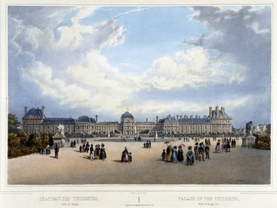 Vista do palácio e do jardim das Tuileries - em "Promenade dans Paris et ses environs", de Jacottet e Benoist, Paris, v.1840 de Louis Julien Jacottet