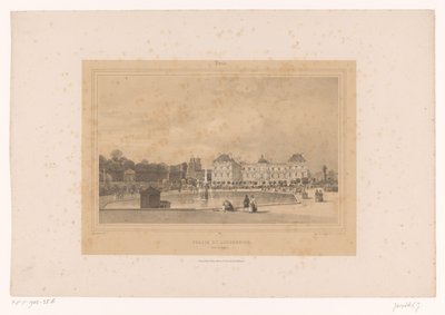 Vista do Palácio de Luxemburgo do Jardin du Luxembourg Palais du Luxembourg, Côté du Jardin (título no objeto) Gezichten in en om Paris (título da série) Paris (título da série no objeto) de Louis Julien Jacottet