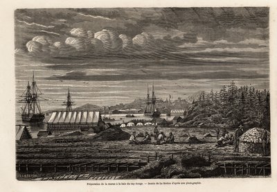 Preparação do bacalhau na baía de Cap Rouge, limpeza do peixe e coleta de fígados para extrair óleo da greve, depois salga na cabine sobre palafitas, desenho de Lebreton, para ilustrar a viagem à Terra Nova em 1860 por A. de Gobineau. Gravura em " de Louis Le Breton
