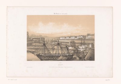 Vista do Arsenal no porto de Brest peito. Vue des Corderies hautes et basses, Bagne e Hôpital Clermontonnerre (título no objeto) França contemporânea (título da série) La France de nos jours (título da série no objeto) de Louis Le Breton