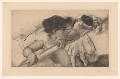 Duas bailarinas em uma barra de balé En nage (título no objeto) Jovens bailarinas (título da série) Les Petites du ballet (título da série) de Louis Legrand (signed by artist)