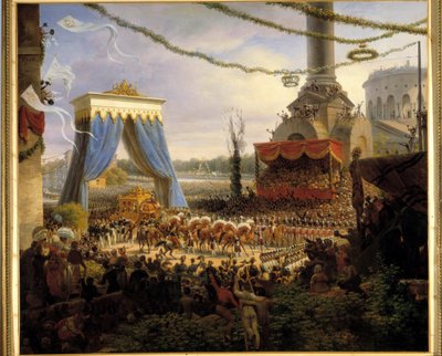 Entre de Charles X à Paris após a coroação em 6/06/1825. A carruagem real recebida na Barriere de la Villette pelo corpo municipal de Paris tendo à sua frente o prefeito do departamento do Sena, o Conde de Chabrol Pintura por Louis Fra de Louis Lejeune