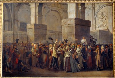 Revolução Francesa; "Triunfo de Marat" O deputado Jean Paul Marat (1743-1793) foi triunfado pelo povo após sua absolvição pelo Tribunal Revolucionário em 1793. Pintura em papel maroufle de Louis Leopold Boilly (1761-1845) Sol do século XVIII. 0,8x1,2 de Louis Leopold Boilly