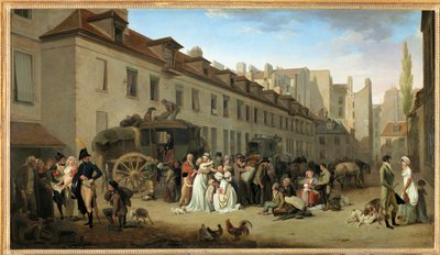 A chegada de um autocarro ao pátio das Messageries, na rua Notre-Dame-des-Victoires, em Paris ... de Louis Leopold Boilly