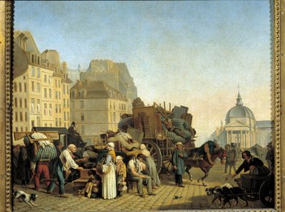 As substituições parisienses durante uma mudança de alojamento carregam um carrinho com negócios e mobiliário numa rua de Paris. Pintura de Louis Leopold Boilly (1761-1845). 1840 Paris, Musee Cognacq Jay de Louis Leopold Boilly