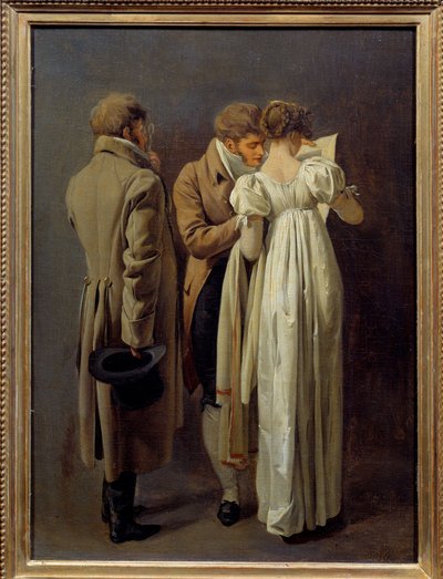 Amantes da impressão Os jovens vetus à moda do Primeiro Império contemplam uma impressão. Pintura de Louis Leopold Boilly (1761-1845) 1810. Sol 0,32x0,24 m de Louis Leopold Boilly