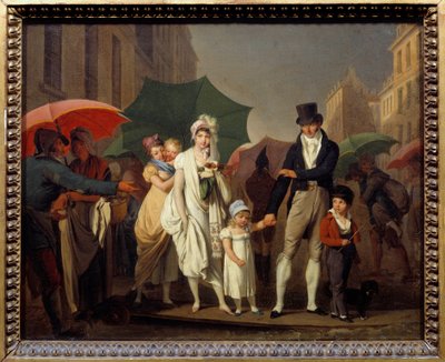 Os chuveiros burgueses no Parisian Premier Empire moda se protegendo da chuva. Pintura de Louis leopold Boilly (1761-1845) Sol do século XIX. 0,32x0,4 m - O aguaceiro. Burgueses parisienses vestidos na moda do Primeiro Império protegendo-se da chuva. de Louis Leopold Boilly