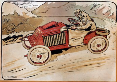 Automóvel: um carro de corridas. Marcel Renault (1872-1903) e Rene Vauthier atravessam os Alpes durante a corrida PARIS-VIENNA, em 1902, no carro 147. Litografia de Louis Lucien Faure Dujarric (1872-?) , século XX. Conservatoire national des Arts et Metier de Louis Lucien Faure Dujarric