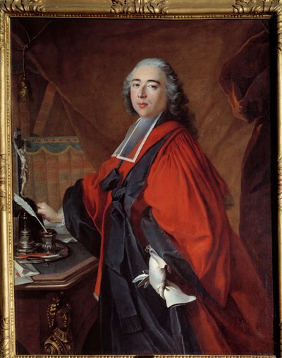 Retrato de um magistrado. Na sua mesa há um crucifixo e uma necessidade de escrita. Pintura de Louis Tocque (1696-1772) de Louis Tocqué