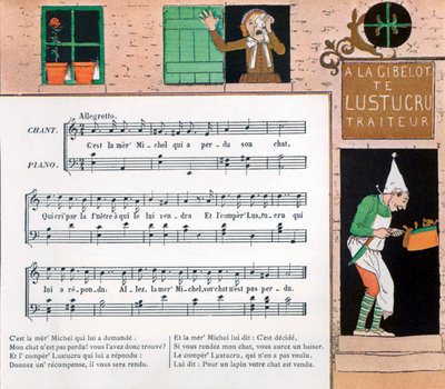 Partitura e ilustração da canção infantil La mere Michel de Louis Maurice Boutet de Monvel
