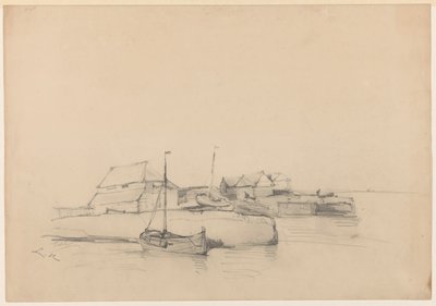 Casas e dois navios perto da costa de Louis Meijer