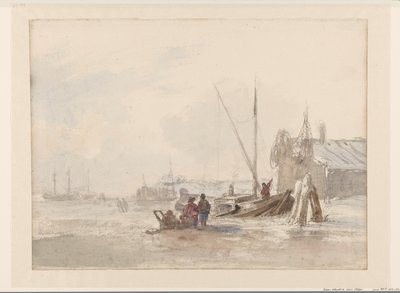 Cena da praia com pescadores perto de um barco em primeiro plano de Louis Meijer