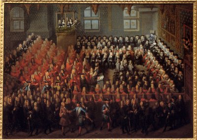 Cama de Justiça realizada por Luís XV (1710-1774) na Grande Câmara do Parlamento de Paris para quebrar a vontade de Luís XIV (1638-1715) de Louis Michel Dumesnil