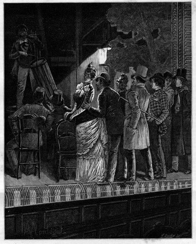 Que efeito, grande deus, produziu sobre este público céptico esta música rústica... Espectadores a ouvir um tocador de bateria. Na colecção autobiográfica "Trento ans de Paris" de Alphonse Daudet (1840-1897). Gravura depois das ilustrações de Montegut em " de Louis Montegut