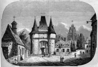Arquitetura: vista do portão Saint Julien (1460-1483), No fundo, vista da igreja gótica Notre Dame des Marais (1450-1623). La Ferte Bernard, Sarthe (72) de Louis Moullin