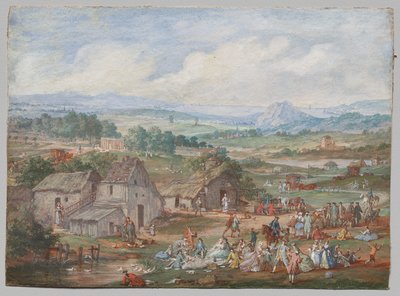 Uma festa fazendo piquenique perto de uma vila de Louis Nicolas van Blarenberghe