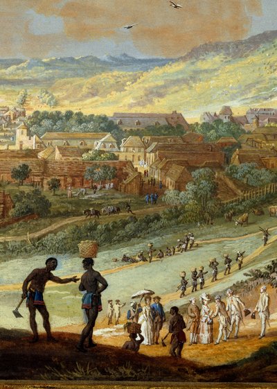 Detalhe: "Vista da cidade de Cabo Francais (Cap de la Republique) vista da colina em Santo Domingo" Detalhe. Pintura de Louis Nicolas Van Blarenberghe (1716-1794) 1779 La Rochelle, Musee du Nouveau Monde. de Louis Nicolas van Blarenberghe
