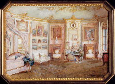 Tampa de um tabatiere de Alexandre Leferre (ca. 1806-ca. 1838) decorado por Louis Nicolas Van Blarenberghe (1716-1794) representando uma sala sob Louis XV. Por volta de 1770. Sol 0,02x0,08x0,06 m Paris, musee du Louvre de Louis Nicolas van Blarenberghe