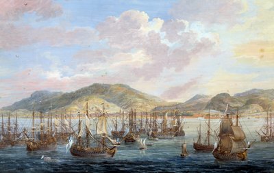 Vista da cidade de Cabo Francais (Cap de la Republique) vista para o mar em Santo Domingo Detalhe. Pintura de Louis Nicolas Van Blarenberghe (1716-1794) 1779 La Rochelle, musee du Nouveau Monde - Vista da cidade de The Cap francais (Cap de la Republique),  de Louis Nicolas van Blarenberghe