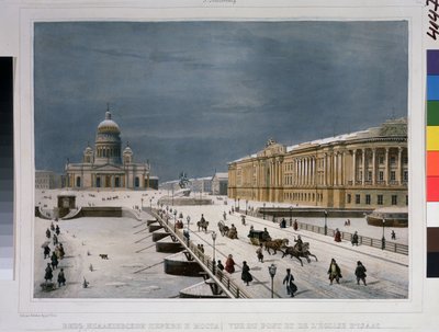 A catedral de São Isaac e a Praça do Senado em São Petersburgo. Desenho de Louis Pierre Alphonse Bichebois (Louis-Pierre-Alphonse) (1801-1850). Litografia colorida com aguarela, de Louis Philippe Alphonse Bichebois