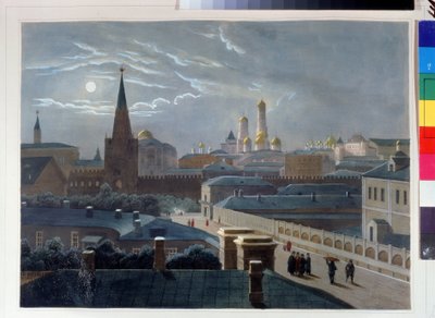 Vista do Kremlin de Moscou. Desenho de Louis Pierre Alphonse Bichebois (1801-1850). Litografia colorida em aquarela, por volta de 1830-1840, arte francesa, classicismo. A. Museu Memorial Pushkin, São Petersburgo. ©FineArtImag de Louis Philippe Alphonse Bichebois
