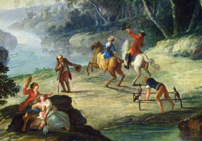 A Hunt with Falcons, detalhe de um cavaleiro e um falconer oil on canvas de Louis Philippe Crepin