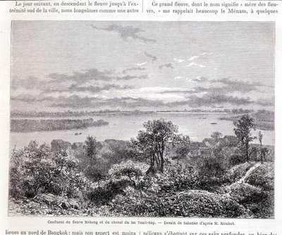 Confluência do Rio Mekong e do Canal do Lago Touli - bofetada. Desenho de Sabatier de acordo com o Sr. Mouhot. "Tour du monde" de Louis Remy Sabatier