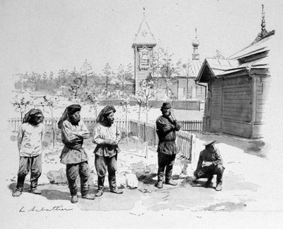 Os camponeses de uma pequena aldeia russa com uma rede mosquiteira na cara e uma estação de comboios da Trans-Sibéria. 1913. Ill. de Sabatier de Louis Remy Sabatier