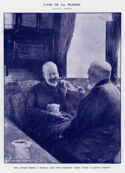 O Rei Eduardo VII numa viagem de comboio com o Presidente Emile Loubet de França (litho) de Louis Remy Sabattier