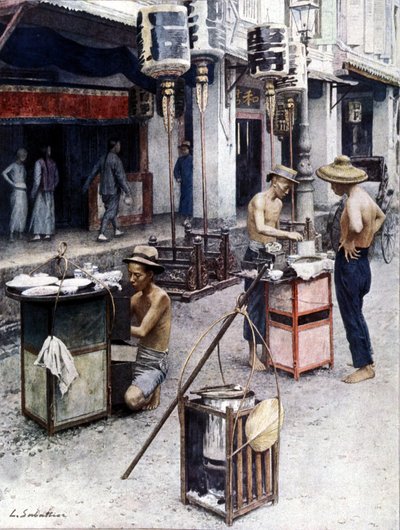 Restaurantes móveis em Chinatown, em Singapura. Ilustração de L. Sabatier. Século XIX. de Louis Remy Sabattier