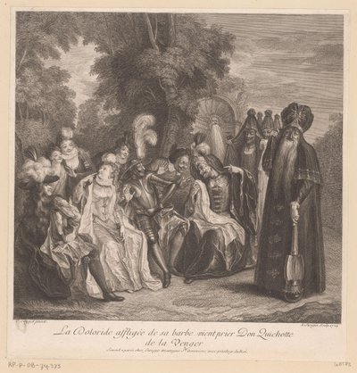 Doloride pede a Dom Quixote que se vingue por ela La Doloride affligée de sa barbe vient prier Don Quichotte de la venger (título no objeto) História de Dom Quixote de La Mancha (título da série) de Louis Surugue