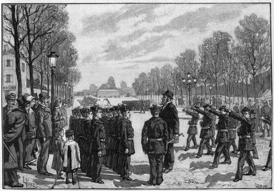 Exercício dos batalhões da escola no Boulevard Saint Jacques em Paris de Louis Tinayre