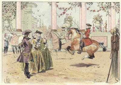 Um grupo de homens e mulheres assistindo a um desempenho equestre de Louis Vallet