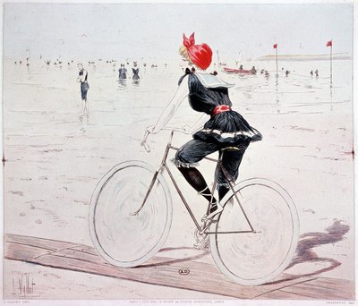 Mulher de bicicleta na praia - desenho de L. Vallet de Louis Vallet