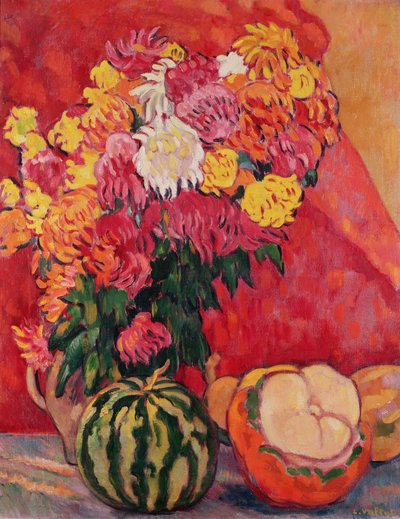 Vaso de gerânios com melões de Louis Valtat