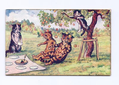 Um, vitoriano, cartão cumprimento, de, applea, queda, ligado, dois, gatos, em, um, piquenique, c.1880 de Louis Wain