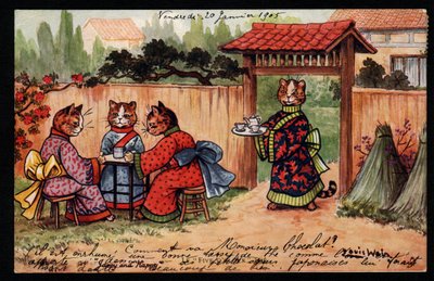 Animais em postura humana. Gato em quimono bebendo chá em um jardim japonês. Cartão postal. Chromolithograph by Louis Wain (1860-1939), um artista inglês conhecido por sua representação de gatos com olhos grandes. Início do século XX. Coleção pr de Louis Wain