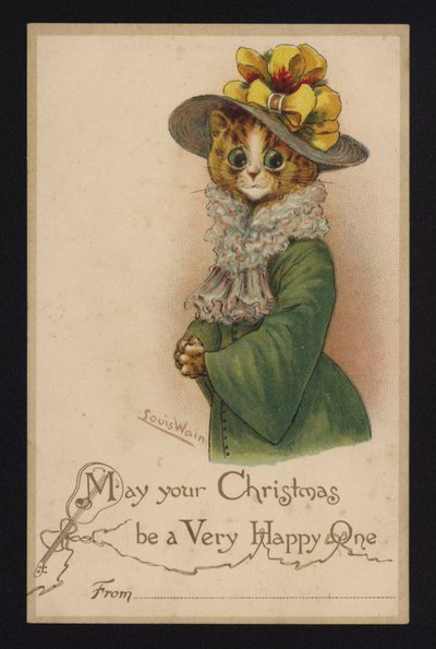 Gato com chapéu e casaco de mulher, cartão de boas festas (chromolitho) de Louis Wain