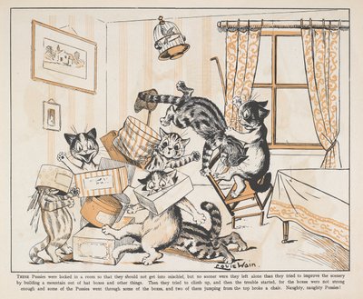 Gatos a brincar com caixas numa sala. de Louis Wain