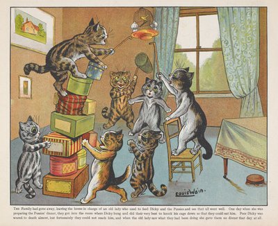 Gatos a brincar com caixas numa sala. de Louis Wain