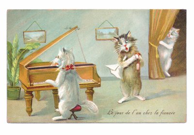 Cartão eduardiano de um gato tocando piano e outro cantando enquanto um terceiro espia c.1910 de Louis Wain