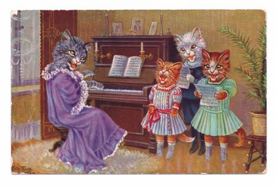 Cartão eduardiano de quatro gatos vestindo roupas humanas em torno de um piano com uma canção c.1910 de Louis Wain