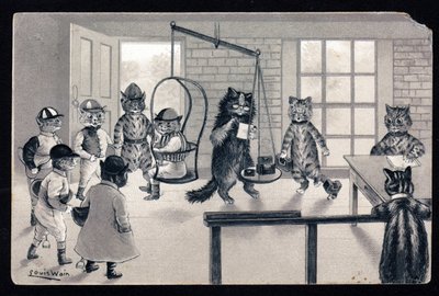 Nós gostamos do bom tempo. Animais em postura humana. O gato como um jockey a ser pesado numa balança. Cartão postal. Chromolithograph by Louis Wain (1860-1939), um artista inglês conhecido pela sua representação de gatos com olhos grandes. Início do dia 2 de Louis Wain