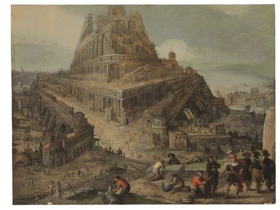 O rei Ninrode a ordenar a construção da Torre de Babel (óleo sobre painel) de Louis de (circle of) Caullery