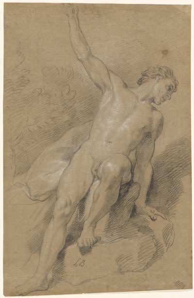 Nu masculino sentado nas rochas de Louis de Boullogne the Younger