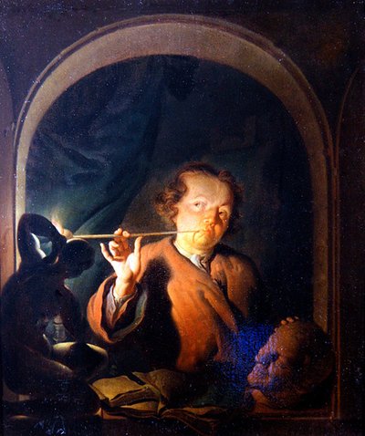 Um homem a acender um tubo num caixão (óleo no painel) de Louis de Moni