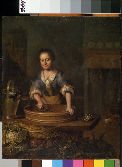 "Um jovem cozinheiro numa cozinha campestre, preparando couve. Pintura de Louis de Moni (1698-1771) Mikalojus Konstantinas Ciurlionis Museum of Fine Arts, Kaunas, Lituânia de Louis de Moni