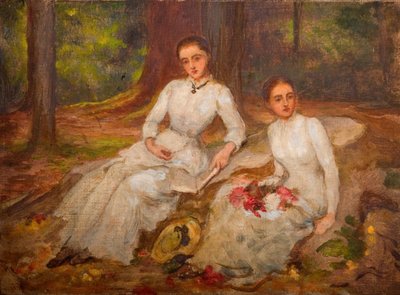 Duas mulheres de branco, sentadas em clareira arborizada, 1900. de Louisa Starr