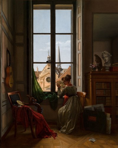 Interior com uma jovem mulher a traçar uma flor, c.1820-22 (óleo sobre tela) de Louise Adeone Droelling