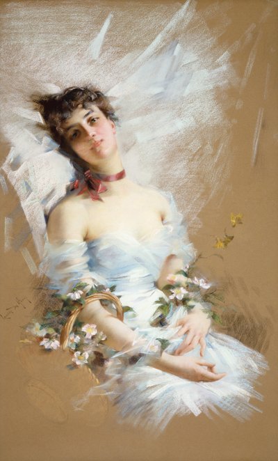 Beleza Reclinada com Cestas de Flores (pastel sobre papel) de Louise De Hem